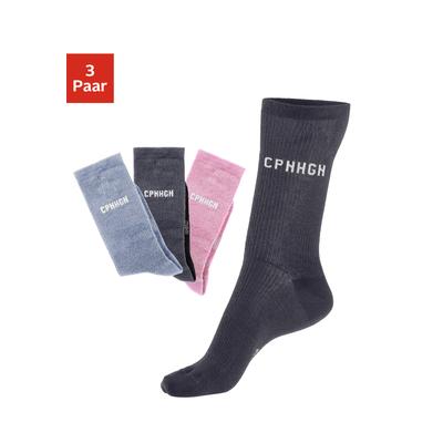 Basicsocken COPENHAGEN STUDIOS, Damen, Gr. 35-38, 1x anthrazit, 1x rosa, 1x hell blau, Baumwollmischung, unifarben, elastisch, Socken, mit Rippstruktur und Stickerei Image