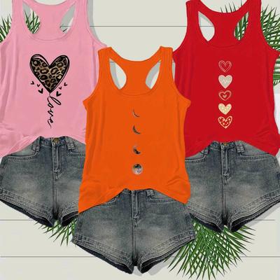 TEMU Design Love Printed Tank Top 3pcs Set, Sleeveless Casual Tops Multi Sets For Summer And Spring, Women's Image