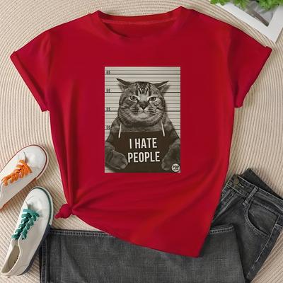 "TEMU 1pc Women's Casual Cat Graphic T-shirt "i Hate People" - Humorous Print, Crew Neck, Short Sleeve, Regular Length, Casual Attire Or Holiday Gifts" Image