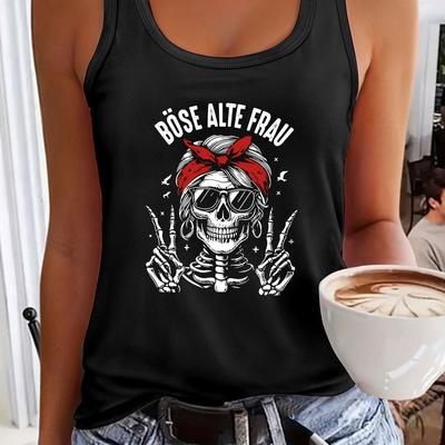 "TEMU Women's Blue "böse Alte Frau" Graphic Tank Top - Geometric Skull Design, Casual Summer Sleeveless Vest For , Casual Summer Top| Skull Print|adjustable Strap Detail, Skull Tank Top" Image