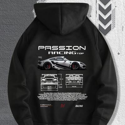 TEMU Men's Racing Graphic Hoodie - Beige Casual Drawstring Sweatshirt With Front Pocket, Featuring Race Cars And Sports Car Illustrations, Everyday Wear Image