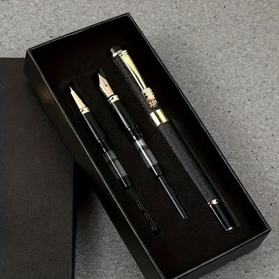 TEMU 3pcs Metal Fountain Pen Set With Nib- 0.38mm/0.5mm/1.0mm- Calligraphy, Artwork, And Everyday Writing- Includes Elegant Black Gift Box Image