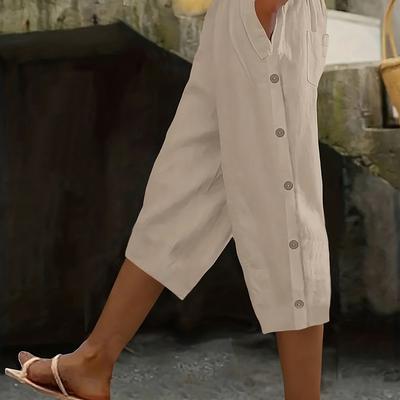 TEMU Casual Three-quarter Pants With A Comfortable Elastic Waistband, Featuring Versatile Button Decorations For Spring And Summer. Image