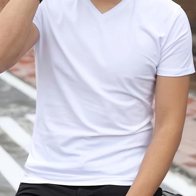 TEMU Men's Casual V-neck Short Sleeve T-shirt - Breathable Regular Fit Tee For Office & Casual Attire, Machine Washable White, | Tee | Comfortable Tee, Plus Size Image