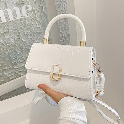 TEMU Stylish White Crocodile Texture Handbag With Detachable Shoulder Strap, Magnetic Closure, And Golden-tone Hardware - Everyday Use Image