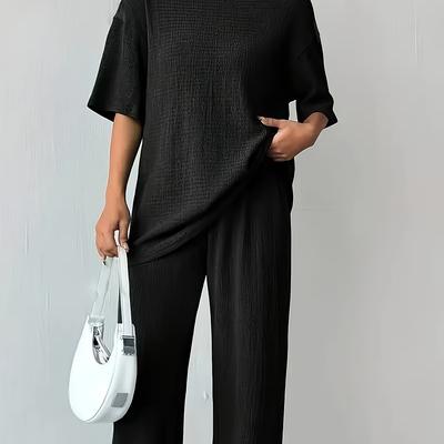 TEMU Women's Casual Two-piece Set - Solid Shoulder Short Sleeve Top & Wide Leg Pants, Polyester, Spring/summer Collection, Casual Attire||polyester Image