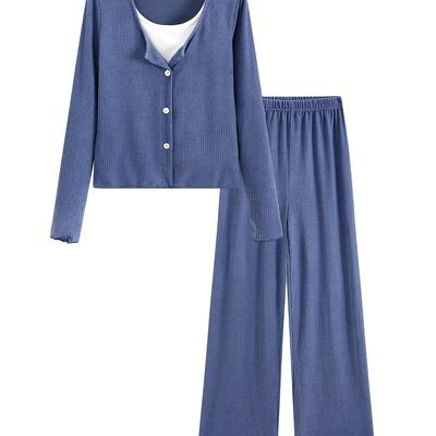 TEMU Women' Casual Pajama Set - Navy , Long Sleeve Cardigan & Pants, Spring & Fall, Relaxed Fit, Comfortable Sleepwear||comfortable Fabric Image