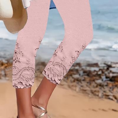 TEMU Women's High-waist Stretchy Floral Print Capri Leggings - Elegant Casual Summer Tights, Light Pink, Comfortable & Stylish For Casual Attire, Comfortable Leggings | Floral Print Leggings | Image
