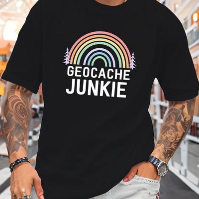 TEMU Junkie Graphic Tee - Men's Polyester Crew Neck T-shirt With Short Sleeves And Regular Fit - Casual Summer Knit Top With Stretch And Vibrant Alphabet Pattern Image