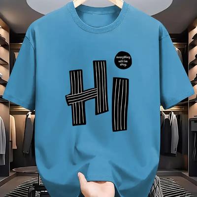 TEMU Men's Lightweight Beige Hi Printed Crewneck T-shirt - Comfortable Breathable Polyester Short Sleeve For Casual Summer And Outdoor Activities, Shirts For Summer Image