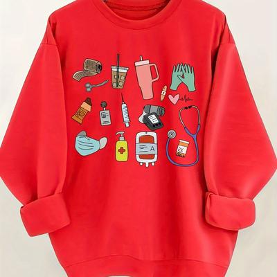 TEMU Women's Casual Equipment Pattern Round Neck Sweatshirt - Cozy Fall/winter Pullover With Stethoscope & Hospital Design, Soft Fabric For Casual Attire, Hospitality & Fashion| |soft Fabric Top Image