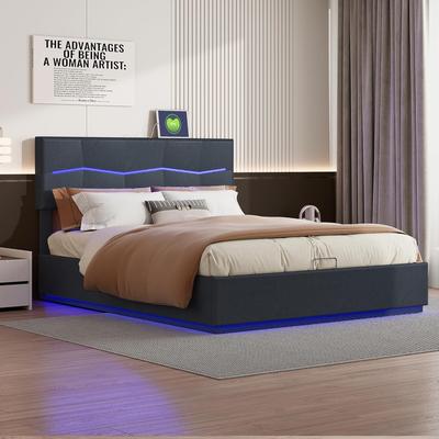 TEMU Ycz Storage Bed, 180 X 200 Cm Led Light-up Hydraulic Bed With Storage Space - Double Bed For Adults, Black Image
