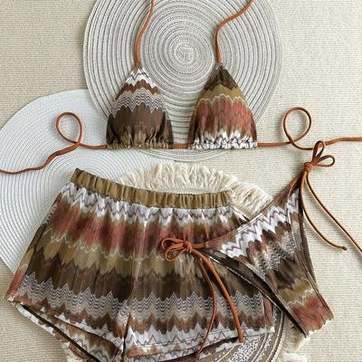 TEMU Women's High Elastic Wave Striped Texture Jacquard Sexy Rope Swimming Vacation Three-piece Set Image