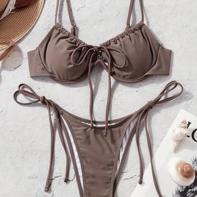 TEMU Women's Solid Color Cutout Drawstring Strap Underwire Bandeau Bikini Set Image