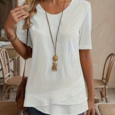 TEMU Elegant V-neck Blouse With Asymmetrical Hem, Short Sleeves, And Layered Detailing - Solid Color Blue, Spring And Summer Casual Wear, Women's Fashion Top | Layered Hem Blouse | Knit Constructio Image