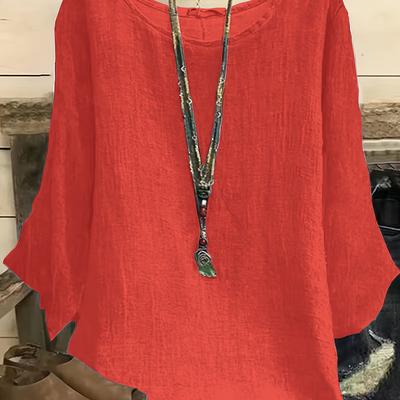 TEMU Women's Plus Size Casual Crew Neck T-shirt - Red, Long-sleeve, Oversized, Non-stretch, Flared Hem, Spring/summer/fall Top, Relaxed Fit, Casual Wear|oversized Top|, Plus Size Shirts Image