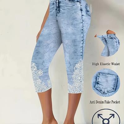TEMU Women's Elegant Floral Print Capri Skinny Denim - Stretchy, Machine Washable, Non-slip Design, Spring, Summer, And Fall Casual Attire | Anti- Denim Fake Pocket Capris Image
