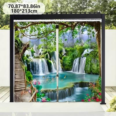 TEMU 1pc/2pcs Baijiahao Outdoor Garden Drapes, Green Waterfall Lake Scene, Non-woven Polyester Fabric, With Hook & Loop Closure, For Patio, Gazebo, Pergola, Room Divider, Festival Decor Image