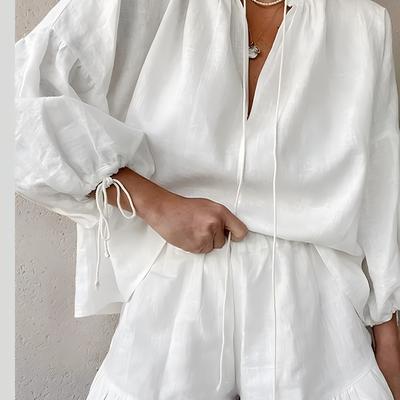 TEMU Women's Elegant Long Sleeve Blouse With Ruffle Detail And Tie Waist - Chic Polyester Top For Spring/summer, Casual Attire|ruffle Detail Top|polyester Fabric Image