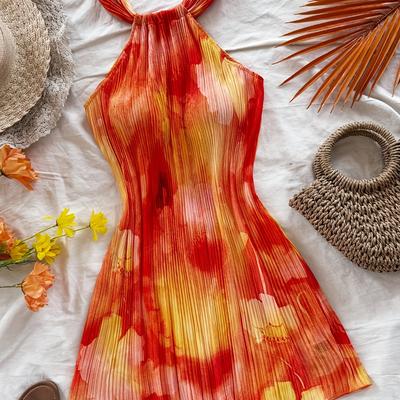 TEMU Women's Colorful Tie-dye Floral Print Halter Neck Mini Dress - Loose A-line, Summer Beach Wear, Bohemian Style, Vacation, Birthday, Wedding Guest, And , Beach Attire|vibrant Dress|flowy Fabric Image