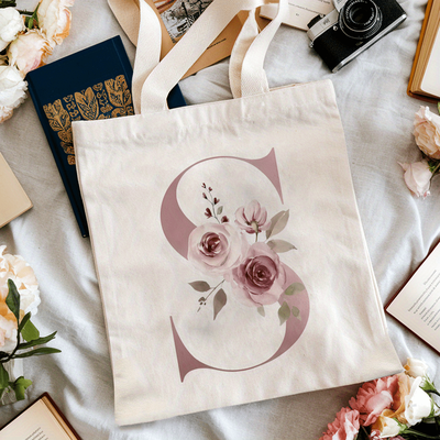TEMU Retro Pink Floral Alphabet Tote Bag - Large Capacity Polyester Handbag With Customizable Initials, Trendy For Outdoor Picnic, Gift For Mom & Grandma Image