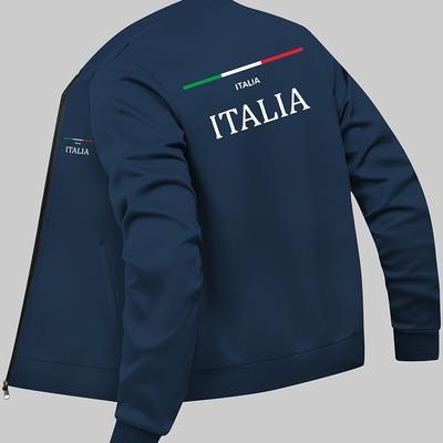 TEMU Men' Casual Jacket With Zipper Pockets - Black, Long Sleeve, Stand Collar, Outerwear With Italian , Polyester, Casual Outerwear | Italian Flag Jacket | Zippered Jacket Image