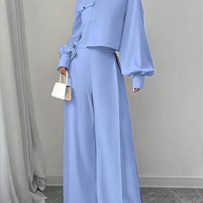 TEMU Simple And Elegant Solid Color Women's Small Collar Pocket Embellished Lantern Sleeve Long Sleeve With Loose Pants Suit Image