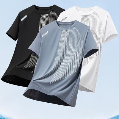 TEMU 3-pack Men's Casual Sports T-shirts, Breathable Stretch Polyester Blend, Crew Neck, Short Sleeve, Summer Wear With Printed , Suitable For Exercise And Outdoors Image