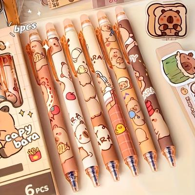 TEMU 6-pack Cute Capybara Retractable Ballpoint Pens, 0.5mm Fine Point, Quick-drying Ink, Built-in Eraser, Lightweight Plastic Pens For Office And School Stationery Image