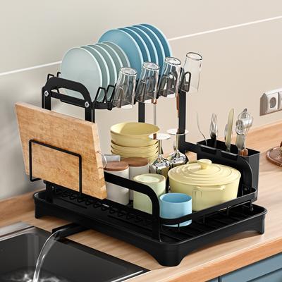 TEMU Multifunctional Dishs Drying Rack - Rustproof 2-tier Dish Racks With , Space-saving Design, Utensil & Cup Holder For Kitchen Counter, Black Image