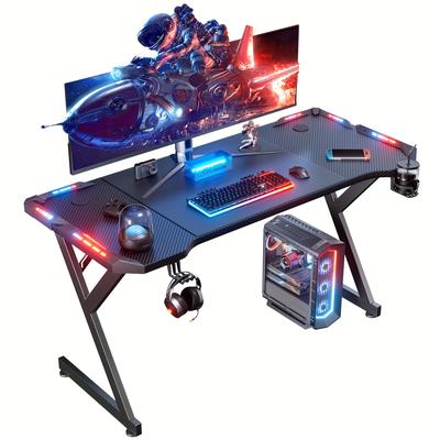 TEMU Led Gaming Desk 140 X 60cm, Gaming Table With Led, Sturdy Pc Desk With Carbon Fiber Coating, Gamer Desk With Cup Holder And Headphone Hook, Black Image
