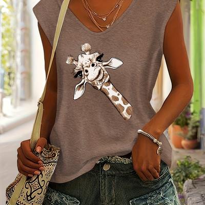 TEMU Women's Casual V-neck Short Sleeve T-shirt With Cute Giraffe Print - Soft Rayon Fabric, Relaxed Fit, Machine Washable For Spring/summer Casual Attire Image