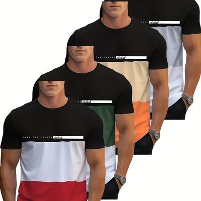 TEMU 4-piece Retro Style Men's T-shirt, 100% Polyester Crew Collar And Asymmetrical Letter Print, Harajuku Color Block Adult T-shirt Suitable For Multiple Image