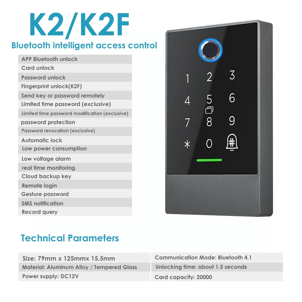 K2/K2F TTLOCK App Fingerabdruck Bluetooth Nfc Rfid Tastatur G2 Wifi Gateway Unterstützung 13,56 Mhz Karte Access Control Reader metall Legierung Image