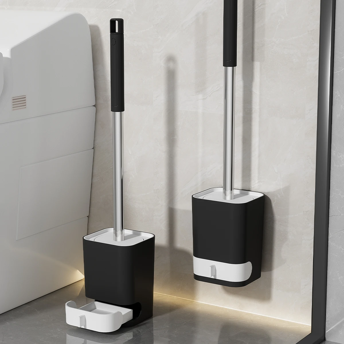 WORTHBUY Kunststoff-Toiletten bürste mit langem Griff und Ablauf boden, stanz frei an der Wand montierte WC-Toiletten reinigungs bürste Bad zubehör