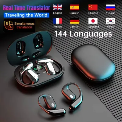 AI-Übersetzer-Ohrhörer, Echtzeit-Übersetzer, Kopfhörer, 144 Sprachen, Sprachübersetzer, kabellose Bluetooth-Kopfhörer für Reisen Image