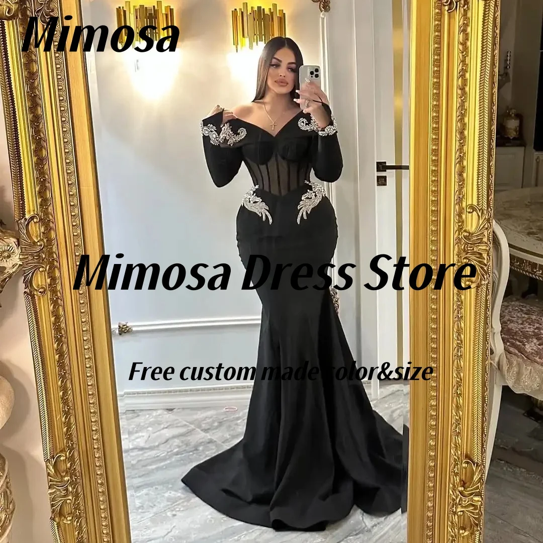 Mimosa Black Mermaid Prom Dresses 2025 Sexy Off Shoulder Long Sleeves Evening Gowns Beading Luxury Vestidos De Noches Customized