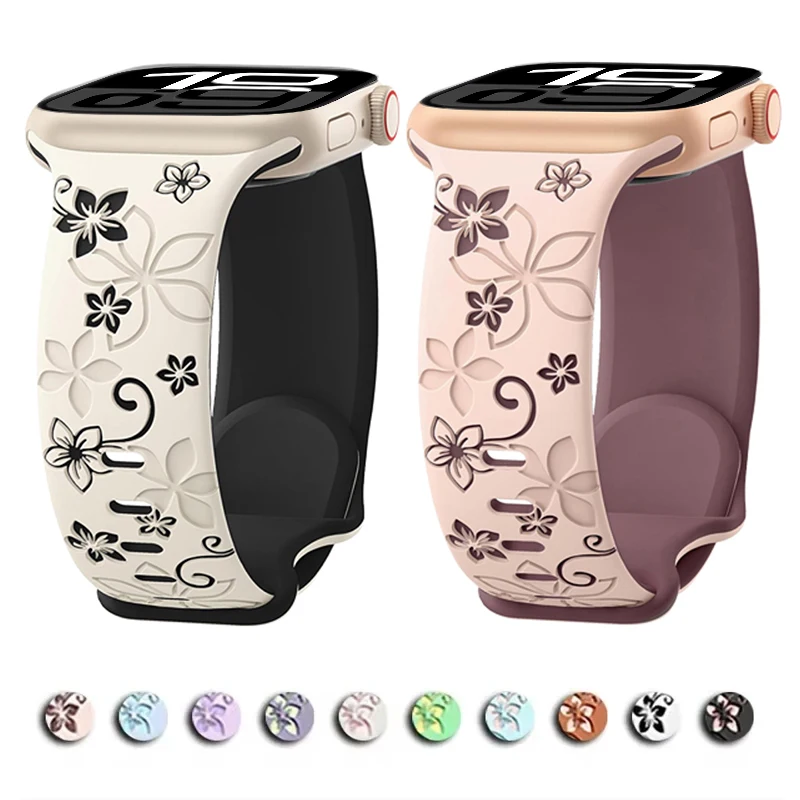 Blumengravurtes Armband für Apple Watch Band 42 mm 40 mm 44 mm 45 mm 41 mm 38 mm 49 mm Silikon Sport iWatch Serie 10 SE 9 8 7 6 Ultra 2 Image