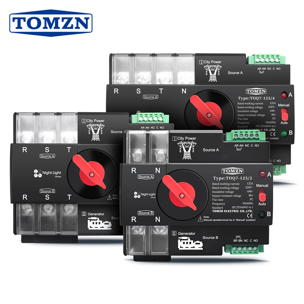 TOMZN DIN-Schiene 3-phasig 2P3P4P 63A 100A 125A 230V Dual Power Automatic Transfer Elektrischer Wahlschalter Unterbrechungsfreies ATS Image