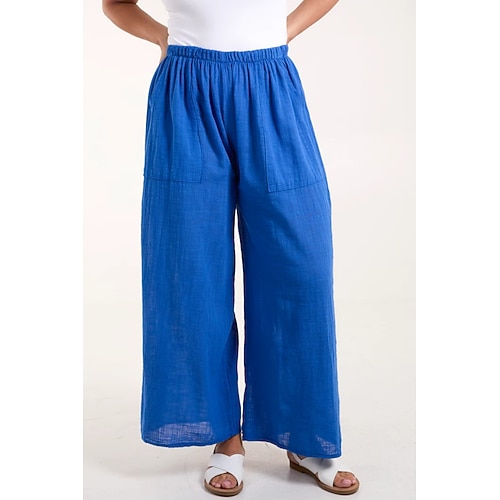 Damen Hose aus Baumwollleinen Hosen Hose Streetwear Lässig Lang Hohe Taille Einfach Tasche Elastisches Kordelzugdesign Hoher Schnitt Atmungsaktivität Weich Mikroelastisch Urlaub Straße Alltagskleidung Image