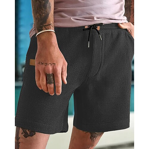 Herren Waffel-Shorts Shorts Sommershorts Freizeitshorts Tasche Kordelzug Elastischer Bund Einfach Komfort Atmungsaktiv Kurz Outdoor Urlaub Sport Lässig Schwarz Weiß Image