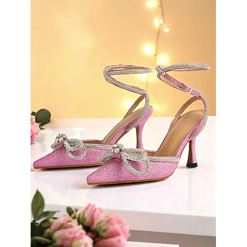 Rosa Glitzer-Pumps mit Knöchelriemen und Strass-Schleifen für Damen – spitze Abendschuhe für Cocktailpartys und Abendveranstaltungen Image
