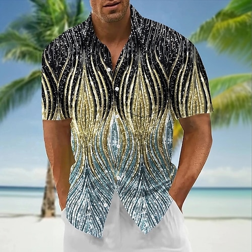 Herren Geometrisch Linien / Wellen Funkelnder Glitzer Hemd Sommerhemd Knopfhemd Kurzarm Modisch lässig Outdoor Urlaub Sommer Frühling Umlegekragen 3D-Druck Hemden mit Kragen Eine Tasche vorne Schwarz Image