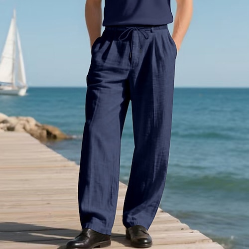 Herren Leinenhosen Hose Sommerhose Baggy-Hosen Strandhose Kordelzug Elastischer Bund Gerader Schnitt Einfach Komfort Atmungsaktiv Volle Länge Outdoor Täglich Ferien Urlaub Klassicher Stil Schwarz Weiß Image