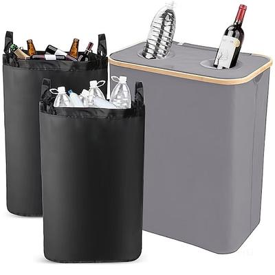 Pfandflaschen Sammelbehälter Recyclingbehälter mit Doppelloch aus Oxford-Gewebe, 140 l Wäschekorb mit Bambusrahmen, Deckel und 2 Innenbeuteln aus Polyester, faltbarer Mül Image