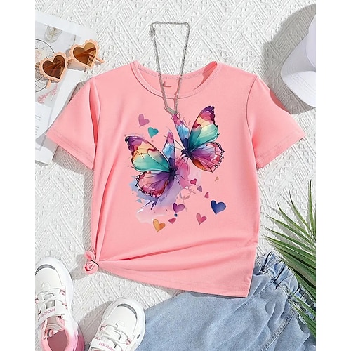 Mädchen 3D Schmetterling T-Shirt Kurzarm Sommer Frühling Mode Basic Kinder 4-12 Jahre Rundhalsausschnitt Outdoor Lässig Täglich Normale Passform Image