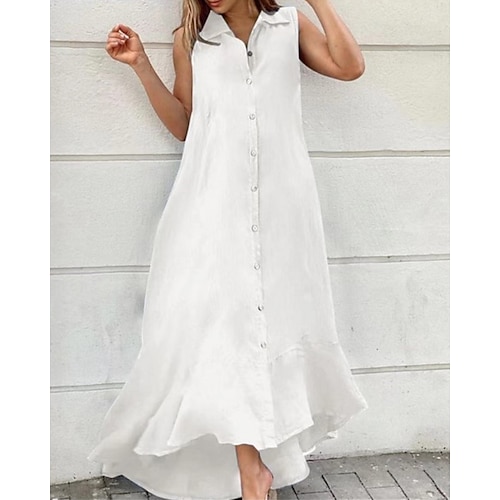 Damen Langes Kleid Maxikleid Baumwoll Mischung Hemdblusenkleid Klassisch Modern Outdoor Ferien Ausgehen Normale Passform Einfach Ärmellos Hemdkragen Schwarz Weiß Sommer Image