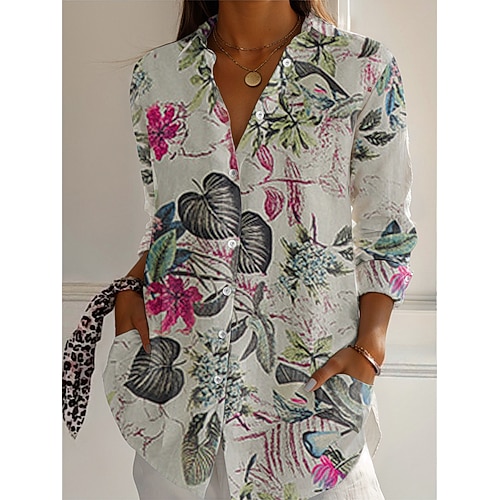 Boho-Damenbluse aus 100 % Baumwolle, Knopfleiste, florales geometrisches Muster, Basic-Freizeitbluse mit langen Ärmeln, königsblau, lila, khaki, Toile-de-Jouy-Stil, elegant, neutral, für Zuhause, Partys, Alltag, Hemdkragen, lockere Passform Image