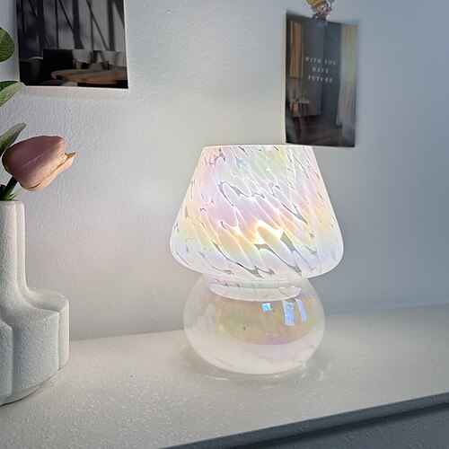 Pilzlampe Vintage Tischlampe Glas Nachttischlampe mit Kabel dimmbare Tischlampe mit 3 Farbglühbirne Retro Schreibtischlampe Pilz Nachtlicht LED Minilampe für Büro Bars Wohnzimmer Schlafzimmer Image