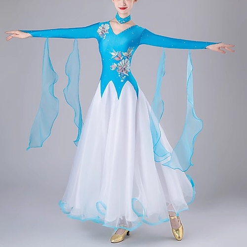 Ballsaal-Tanzkleid für Damen, Performance-Modern-Tanzkostüme, langärmeliges Wettkampf-Walzer-Tanzkleid Image